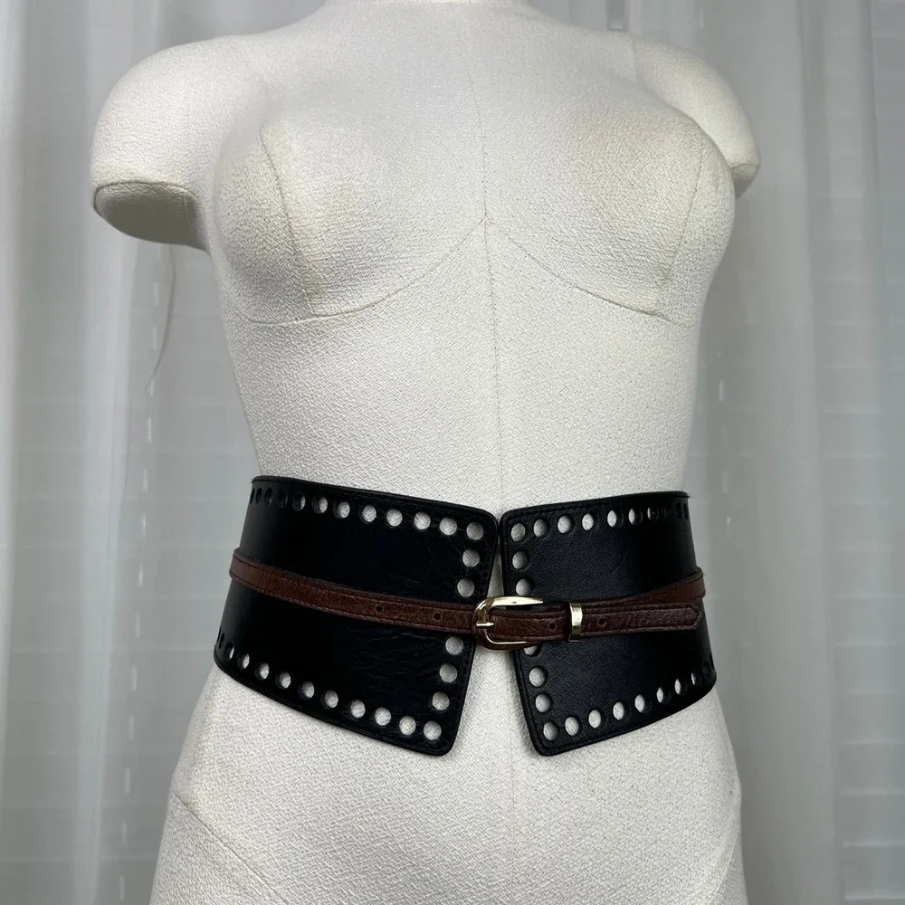 Womens Leather Black Brown Wide‎ Corset Waist Belt Snap Buckle Closure western S